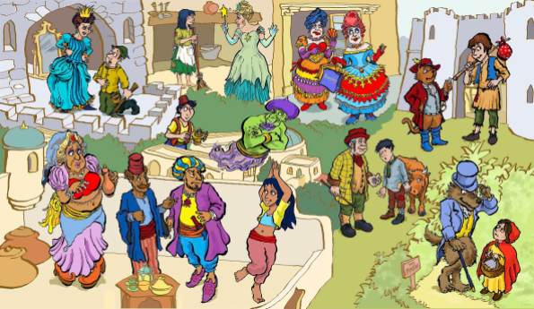 Ensemble of pantomime characters, an 8 foot tall graphic panel in the Panto! exhibition at The Forum, Norwich